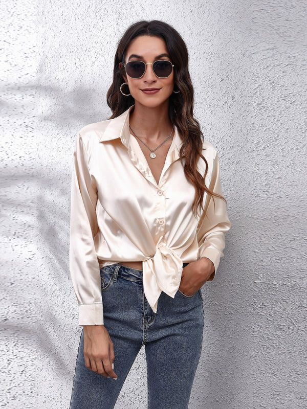 Anemone Women's Satin Imitation Silk Long Sleeved Shirt