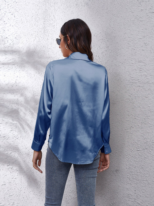 Anemone Women's Satin Imitation Silk Long Sleeved Shirt