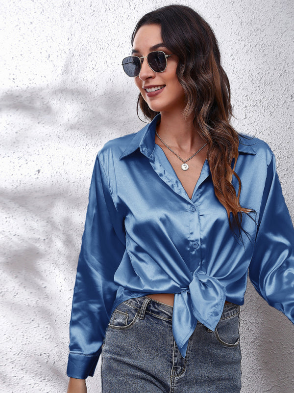 Anemone Women's Satin Imitation Silk Long Sleeved Shirt