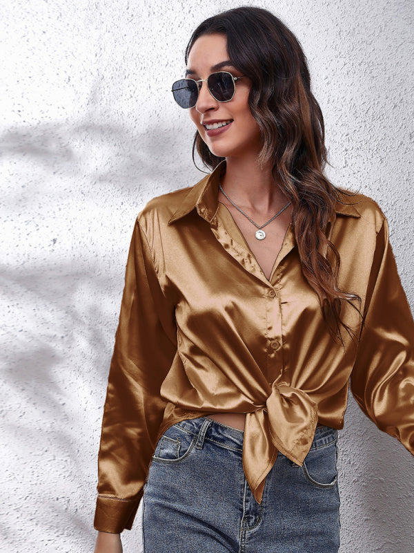 Anemone Women's Satin Imitation Silk Long Sleeved Shirt