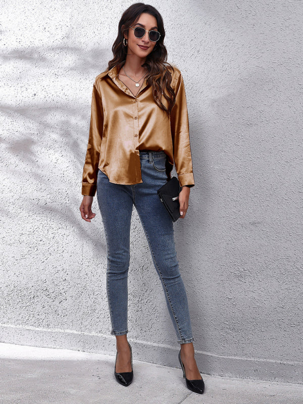 Anemone Women's Satin Imitation Silk Long Sleeved Shirt