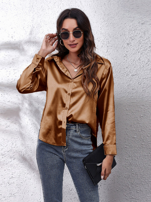 Anemone Women's Satin Imitation Silk Long Sleeved Shirt