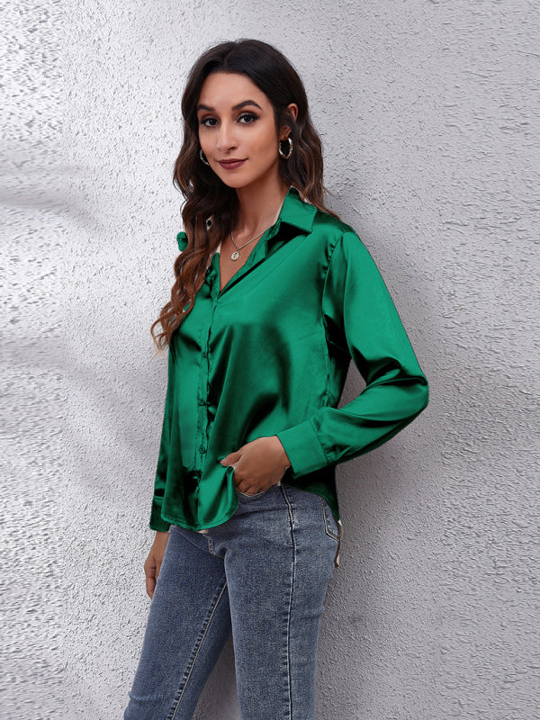 Anemone Women's Satin Imitation Silk Long Sleeved Shirt