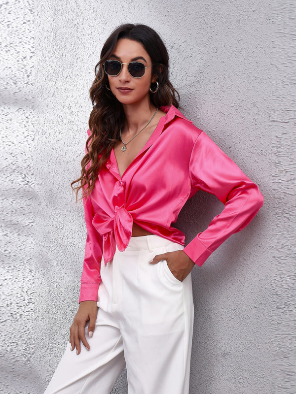 Anemone Women's Satin Imitation Silk Long Sleeved Shirt