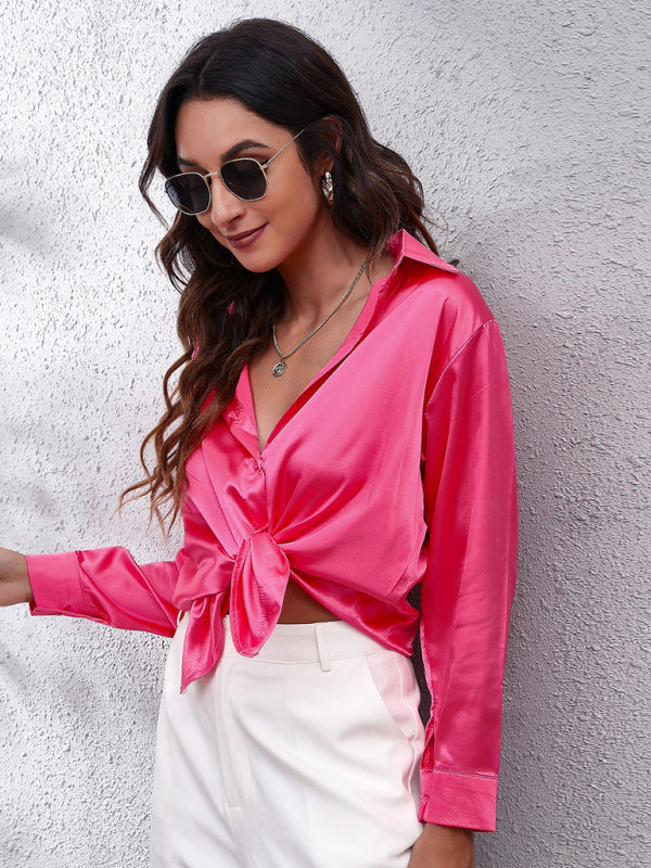 Anemone Women's Satin Imitation Silk Long Sleeved Shirt