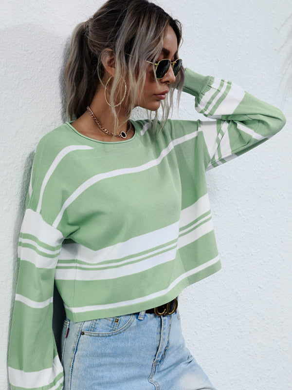 Estrella Women's Short Knitted Bottoming Striped Green Sweater