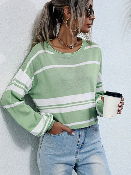 Estrella Women's Short Knitted Bottoming Striped Green Sweater