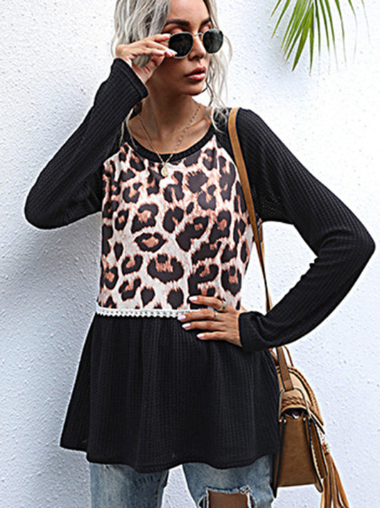 Rocio Paneled Long Sleeve Leopard Print Black Slim Fit Knit Sweater