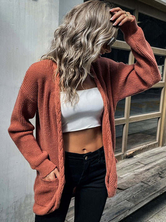 Brielle Loose Long Sleeve Twist Solid Color Sweater Cardigan