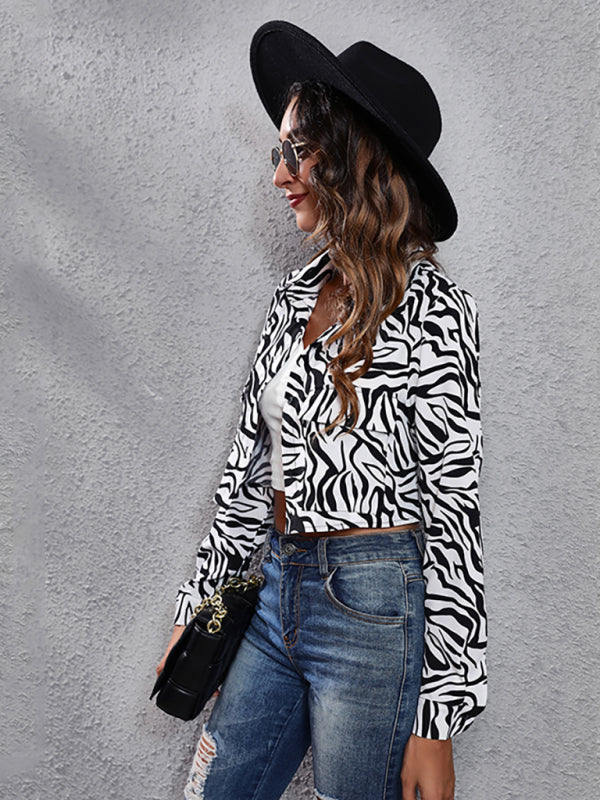 Evette Women's Fashion Plaid Zebra Pattern Long Sleeve Short Cardigan Thin Coat