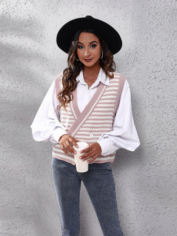 Annie Women's Stripe Knitted Cardigan Sweater Vest