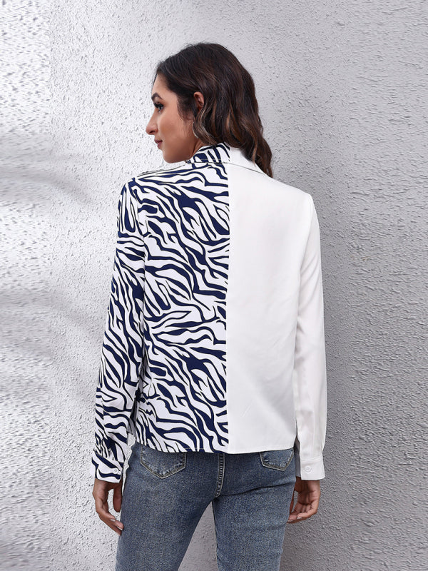 Endelyn Women's Suit Collar Checkerboard Zebra Stitched Shirt