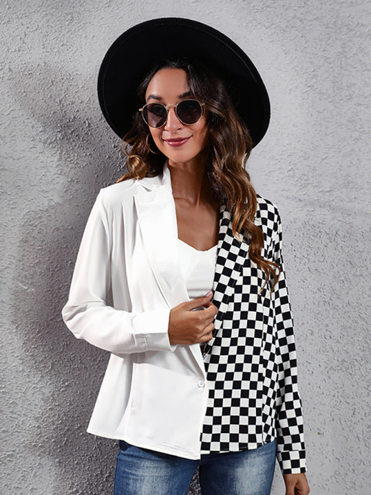 Endelyn Women's Suit Collar Checkerboard Zebra Stitched Shirt