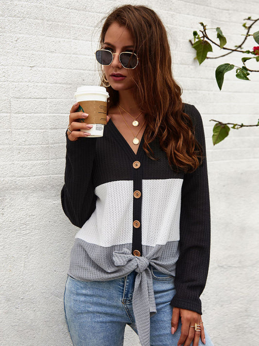 Jazlyn Women's Casual Long Sleeve Knit V-Neck Panel Top