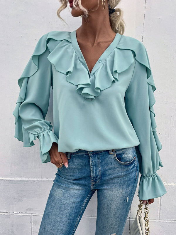 Edna Women's Solid V-Neck Ruffle Panel Top