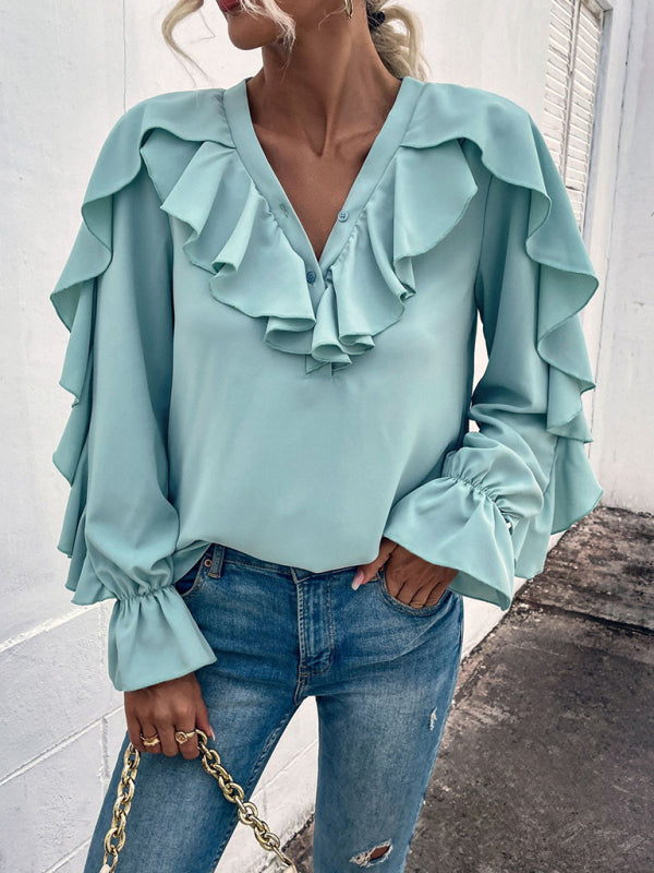Edna Women's Solid V-Neck Ruffle Panel Top
