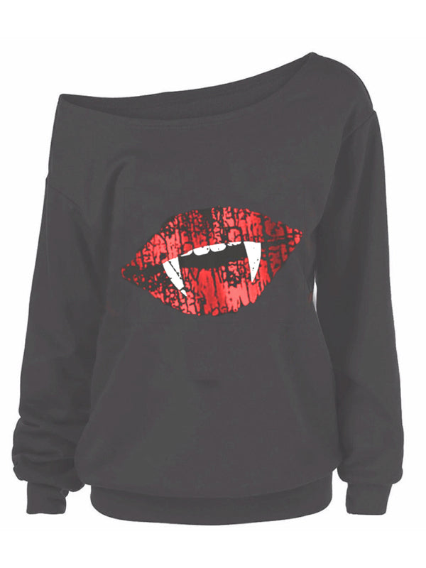 Lexi Women's Halloween Print Long Sleeve Autumn Slant Shoulder Top T-Shirt
