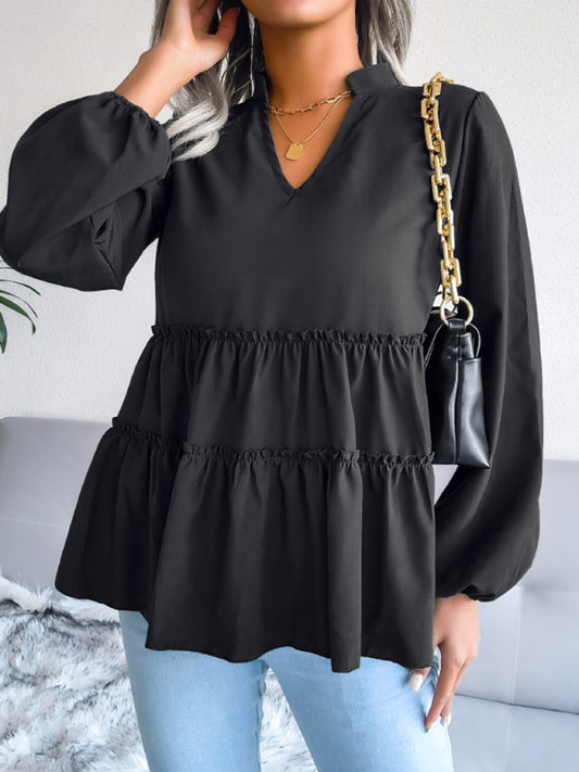 Amaya Women's Lantern Long Sleeve Casual Loose Ruffle Large Swing Chiffon Shirt Top