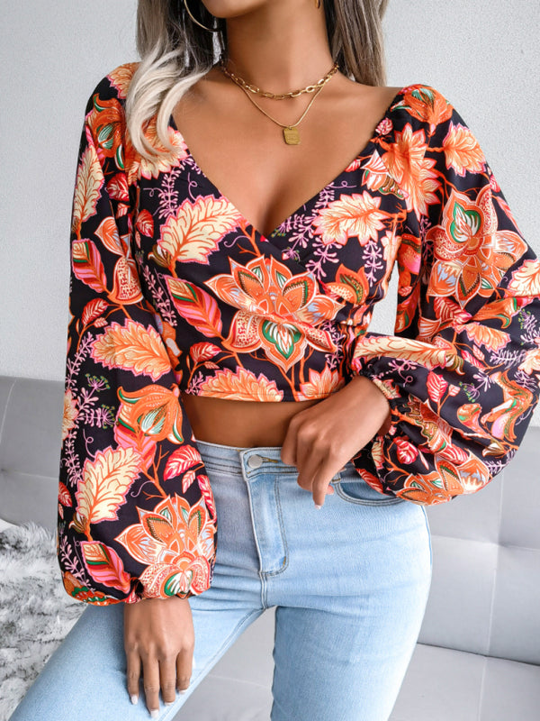 Amalie Women's V-Neck Lantern Long Sleeve Floral Chiffon Shirt