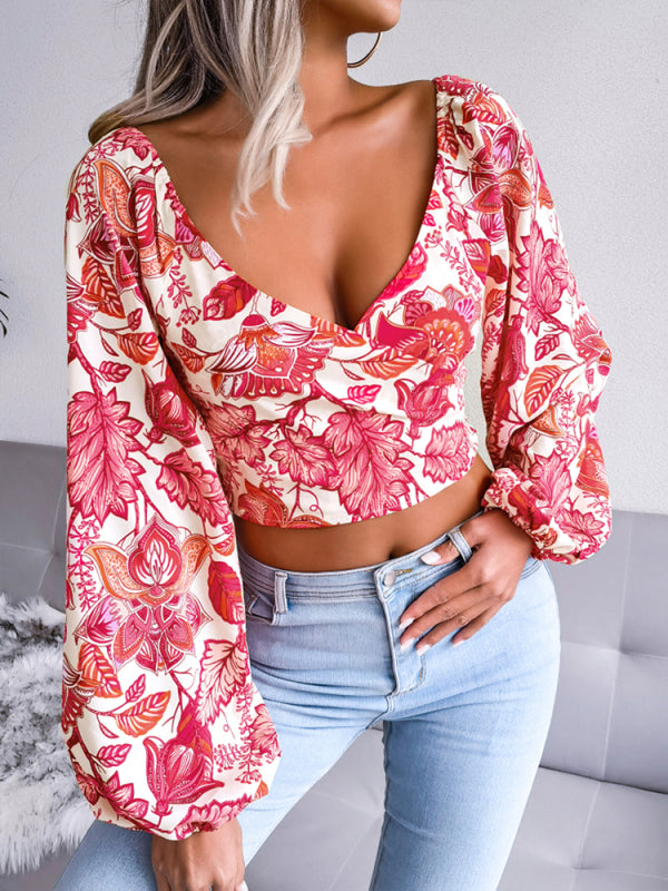 Amalie Women's V-Neck Lantern Long Sleeve Floral Chiffon Shirt