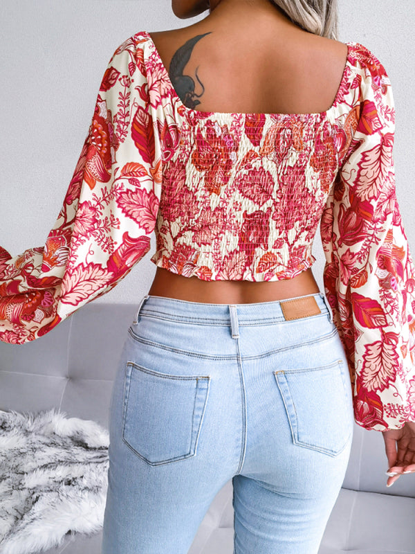 Amalie Women's V-Neck Lantern Long Sleeve Floral Chiffon Shirt