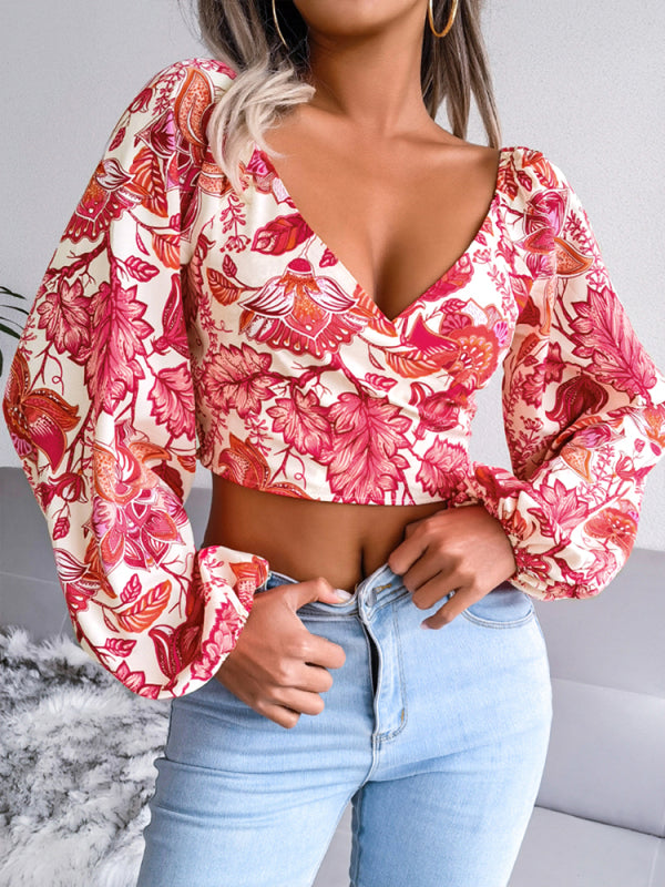 Amalie Women's V-Neck Lantern Long Sleeve Floral Chiffon Shirt