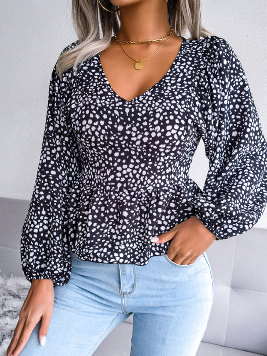 Elayna Women's Lantern Long Sleeve Casual Leopard Chiffon Shirt Top