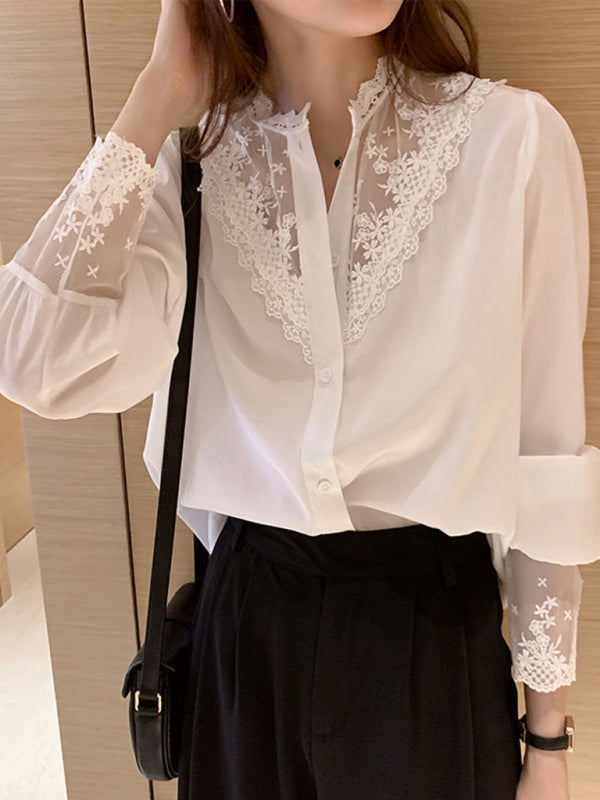 Gracelyn Women's Lace Chiffon Panel Long Sleeve Top