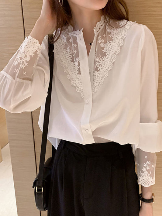 Gracelyn Women's Lace Chiffon Panel Long Sleeve Top