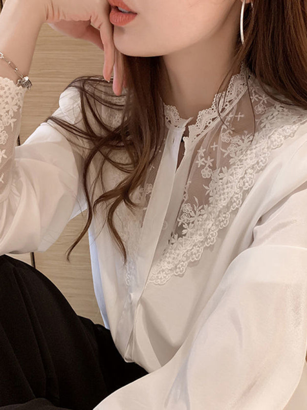 Gracelyn Women's Lace Chiffon Panel Long Sleeve Top