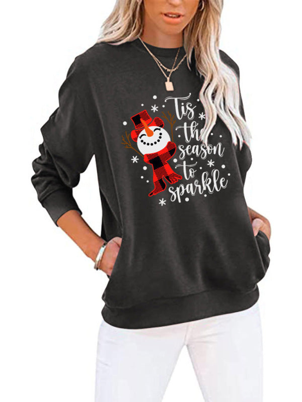 Harmony Christmas Snowman Crew Neck Pocket Bat Long Sleeve Top