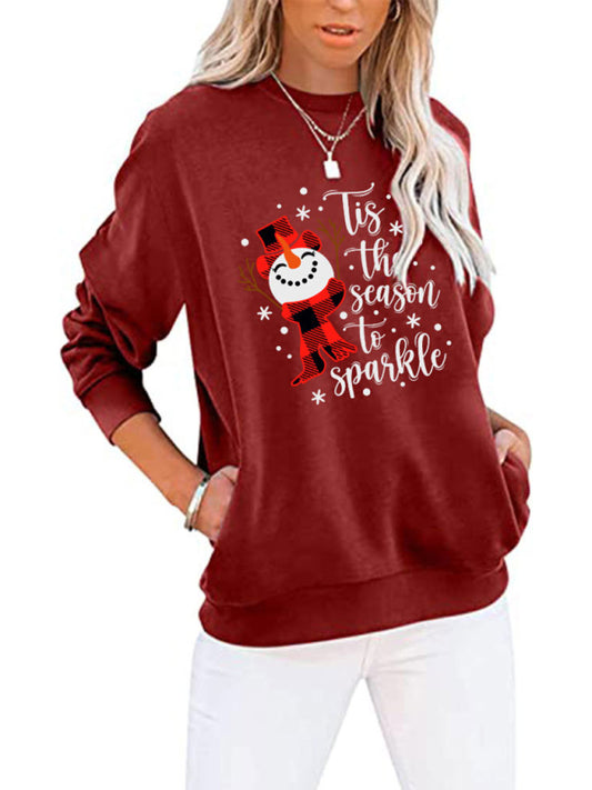 Harmony Christmas Snowman Crew Neck Pocket Bat Long Sleeve Top
