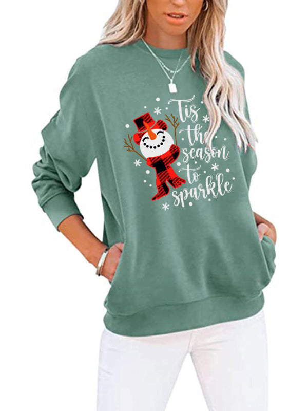 Harmony Christmas Snowman Crew Neck Pocket Bat Long Sleeve Top