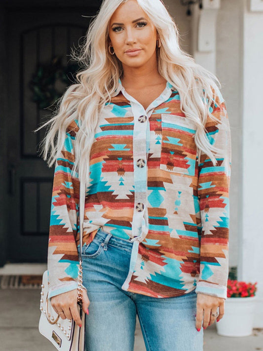 Giuliana Women's Multi-Coloured Printed Buttoned Pocket Chest Long Sleeve Shirt