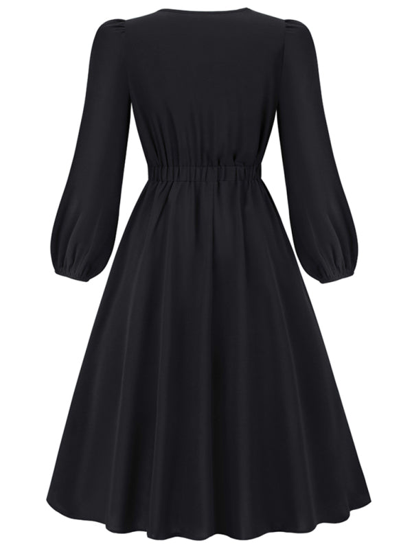 Delilah Women Fashion Round Neck Bow A-line Mid-length Dress