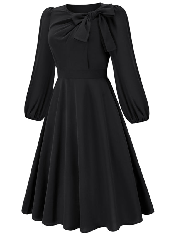 Delilah Women Fashion Round Neck Bow A-line Mid-length Dress