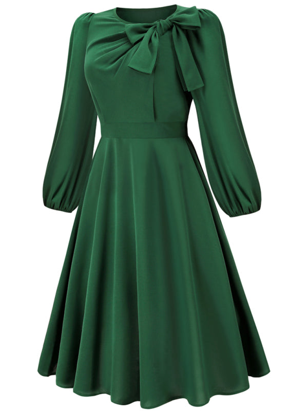 Delilah Women Fashion Round Neck Bow A-line Mid-length Dress
