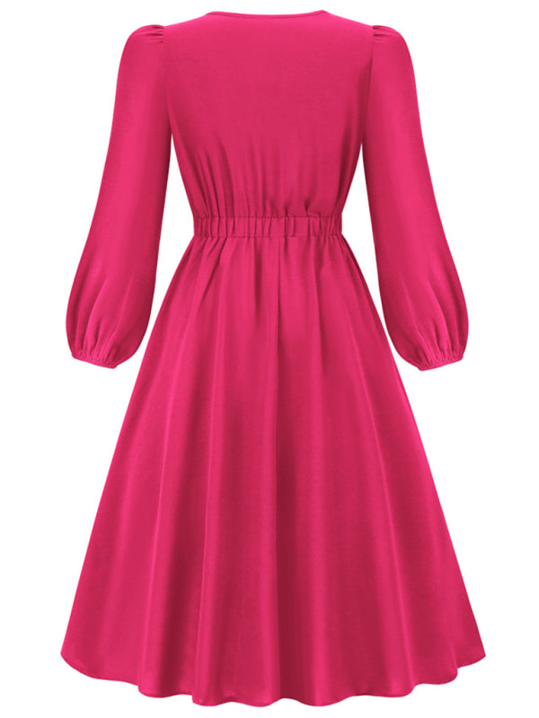 Delilah Women Fashion Round Neck Bow A-line Mid-length Dress