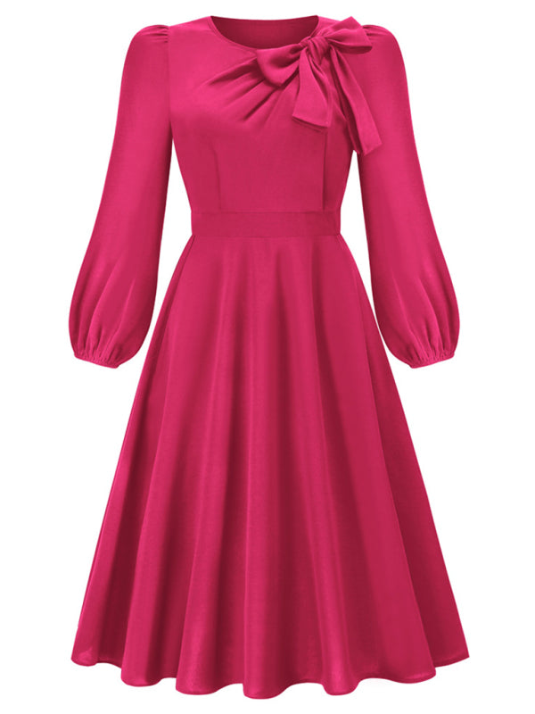 Delilah Women Fashion Round Neck Bow A-line Mid-length Dress