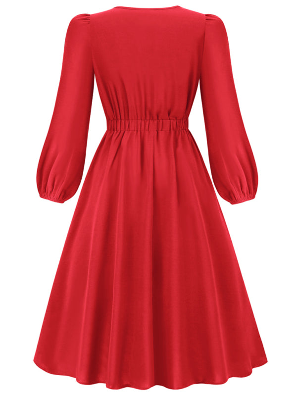 Delilah Women Fashion Round Neck Bow A-line Mid-length Dress