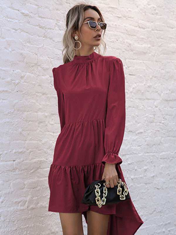 Women's High-Neck Ruffle Hem Long Sleeve Dress