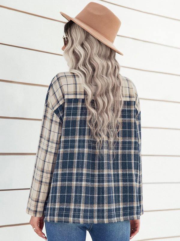 Ada Women's Lapel Plaid Long Sleeve Loose Shirt