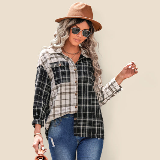 Ada Women's Lapel Plaid Long Sleeve Loose Shirt