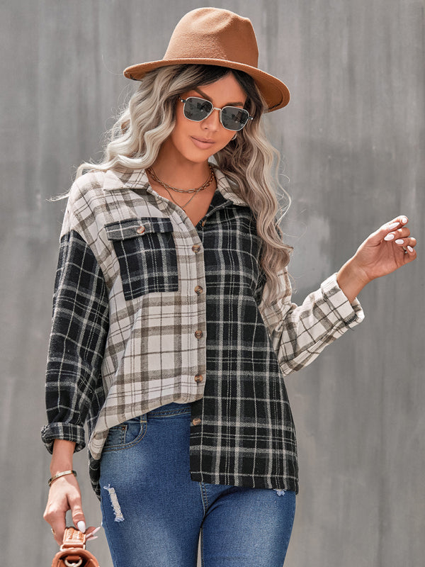 Ada Women's Lapel Plaid Long Sleeve Loose Shirt