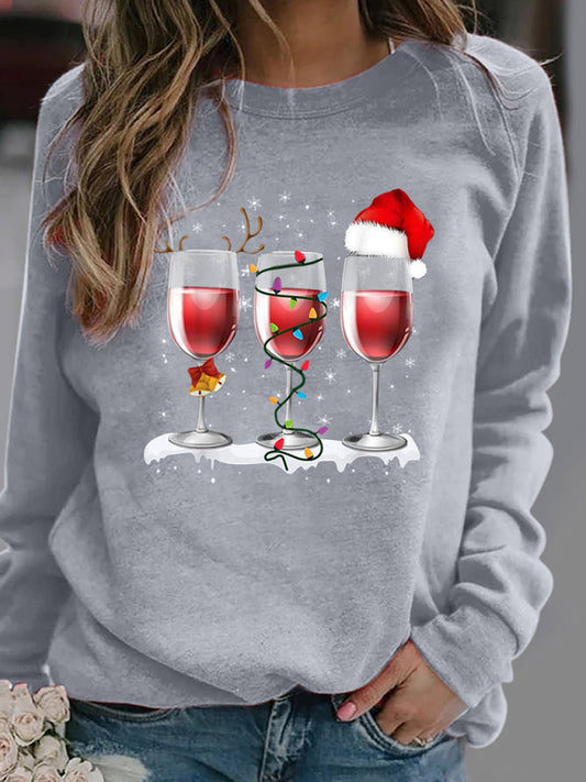 Harley Christmas Red Wine Cup Printed Long Sleeved Round Neck Hoodless Sweater Women