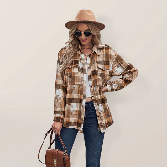 Jessamine Autumn And Winter New Lapel Long Sleeve Pocket Casual European And American Plaid Shirt