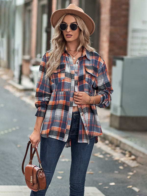 Jessamine Autumn And Winter New Lapel Long Sleeve Pocket Casual European And American Plaid Shirt