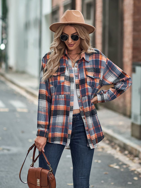 Jessamine Autumn And Winter New Lapel Long Sleeve Pocket Casual European And American Plaid Shirt