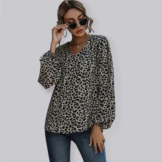Genesia New Puff Sleeve Leopard Casual V-Neck Loose Long-Sleeved Top