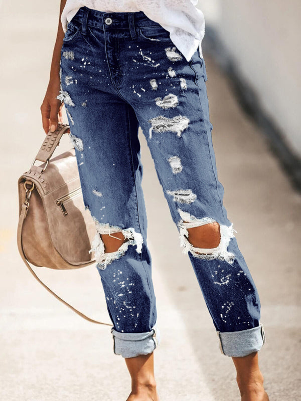 Mya Stretch Washed Ripped Straight-Leg Street Style Denim Jeans Trousers